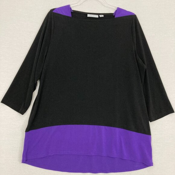 Susan Graver Black Purple Color Block 3/4 Sleeve Liquid Knit Stretch Top Large - Picture 1 of 8